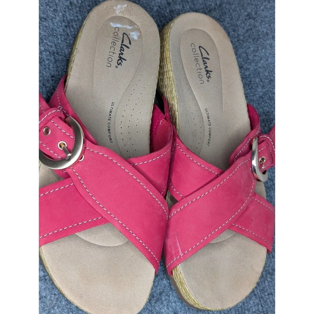 Clarks Collection Leather Slide Sandals Reileigh May Red Women's 9 W Wide